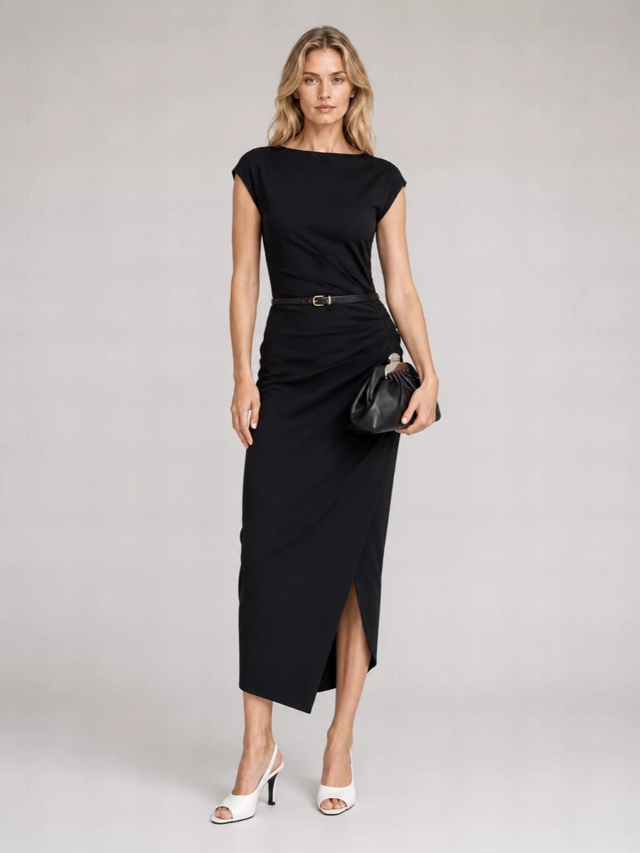 Isabel Marant Cotton Jersey Boat Neck Pleated Midi Dress