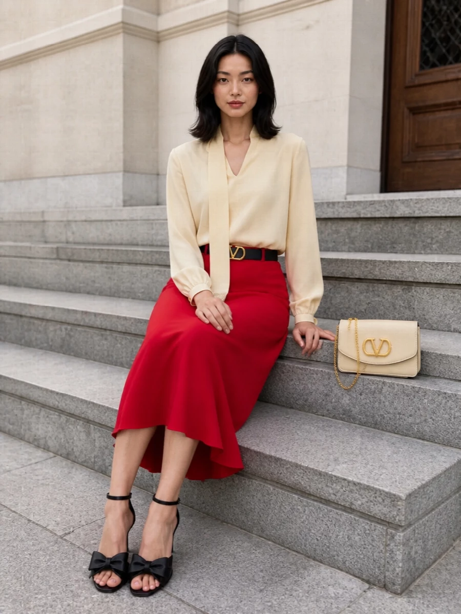 Valentino red midi skirt silk blouse outfit