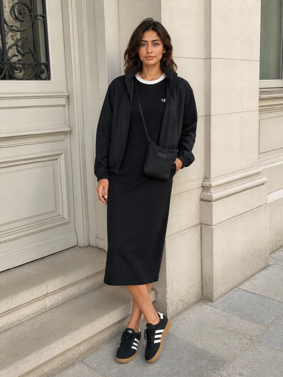 I am styling this as a dress-based outfit, not with separate top and bottom, so the track jacket reads as a clean outer shell over a single graphic column. The black Adidas T-shirt dress keeps everything streamlined and athletic, while the retro low-top sneakers and slim cross-body bag finish it with a quietly technical, city-ready mood that still feels deliberate rather than gym-bound.