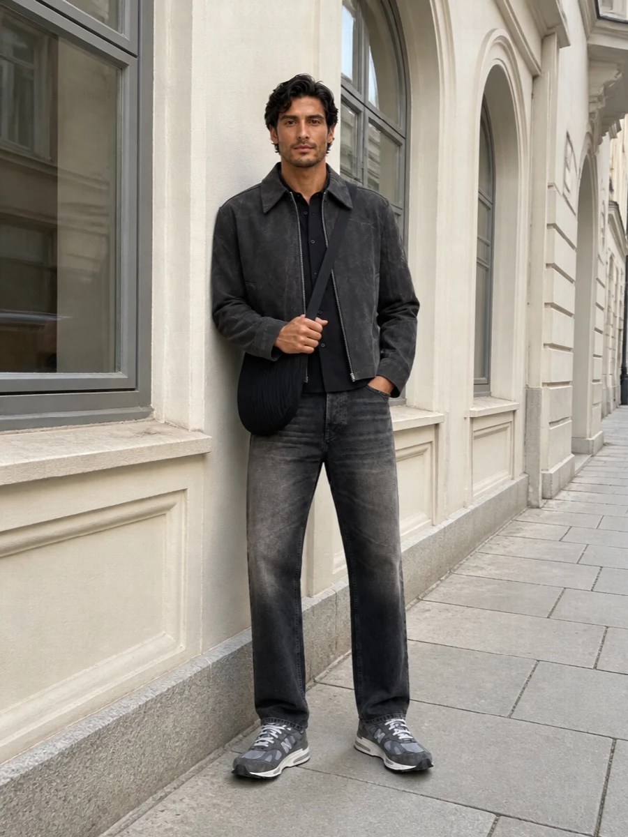 A charcoal-on-charcoal story built around Séfr’s distressed zip jacket, this outfit keeps the lines boxy and controlled on top with washed denim and technical runners softening the attitude. The palette stays in the grey and black family, so the texture and proportions do the talking, with a pleated crossbody adding a quiet shot of design detail. It is city-uniform dressing for someone who likes their minimalism with a slightly subversive, utilitarian edge.
