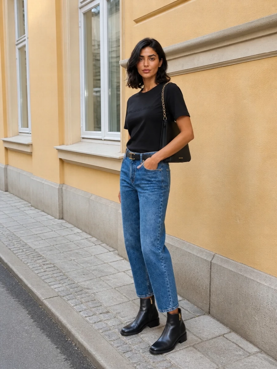 A boxy black logo tee, straight cropped denim and a clean black belt create a grounded, minimal base with just enough structure through the waist. Sleek low-heel ankle boots and a slim black shoulder bag in matching gold hardware pull everything into a polished, street-led uniform you can wear all season. The result is easy, monochrome-and-denim dressing that feels intentional rather than overthought.