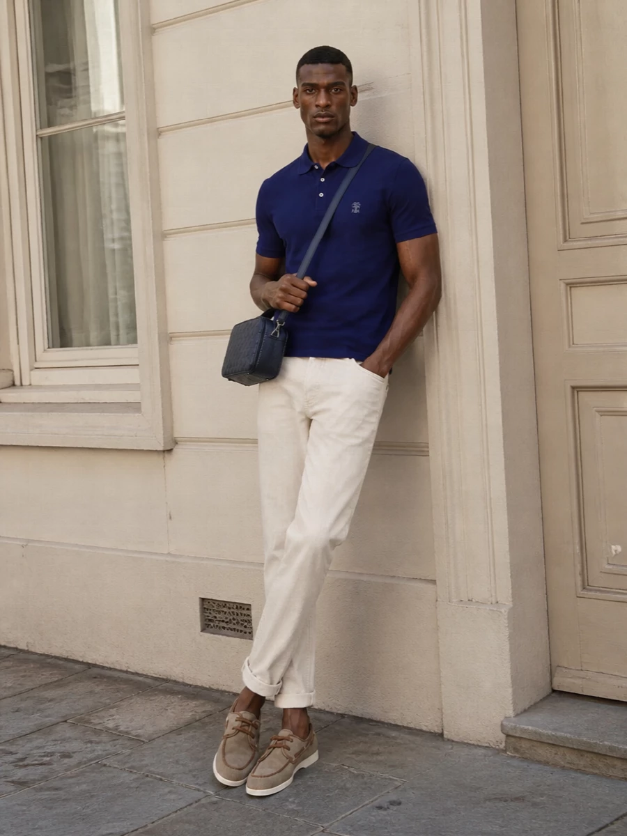 This look leans into a Riviera-inflected quiet luxury: the navy knit polo keeps things crisp yet relaxed against the softly tailored light stone trousers, while the taupe suede boat shoes ground it in easy coastal refinement. The inky navy crossbody adds a subtle architectural note and ties back to the top, keeping the ensemble polished enough for city lunches yet effortless for seaside evenings.