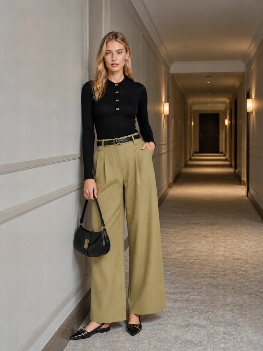 A slim black ribbed polo meets high-rise khaki tailoring for a clean, modern take on city polish. Pointed slingback flats, a curved black shoulder bag and a slim gold-buckled belt keep the lines sharp but understated, ideal for days that move smoothly into dinner.