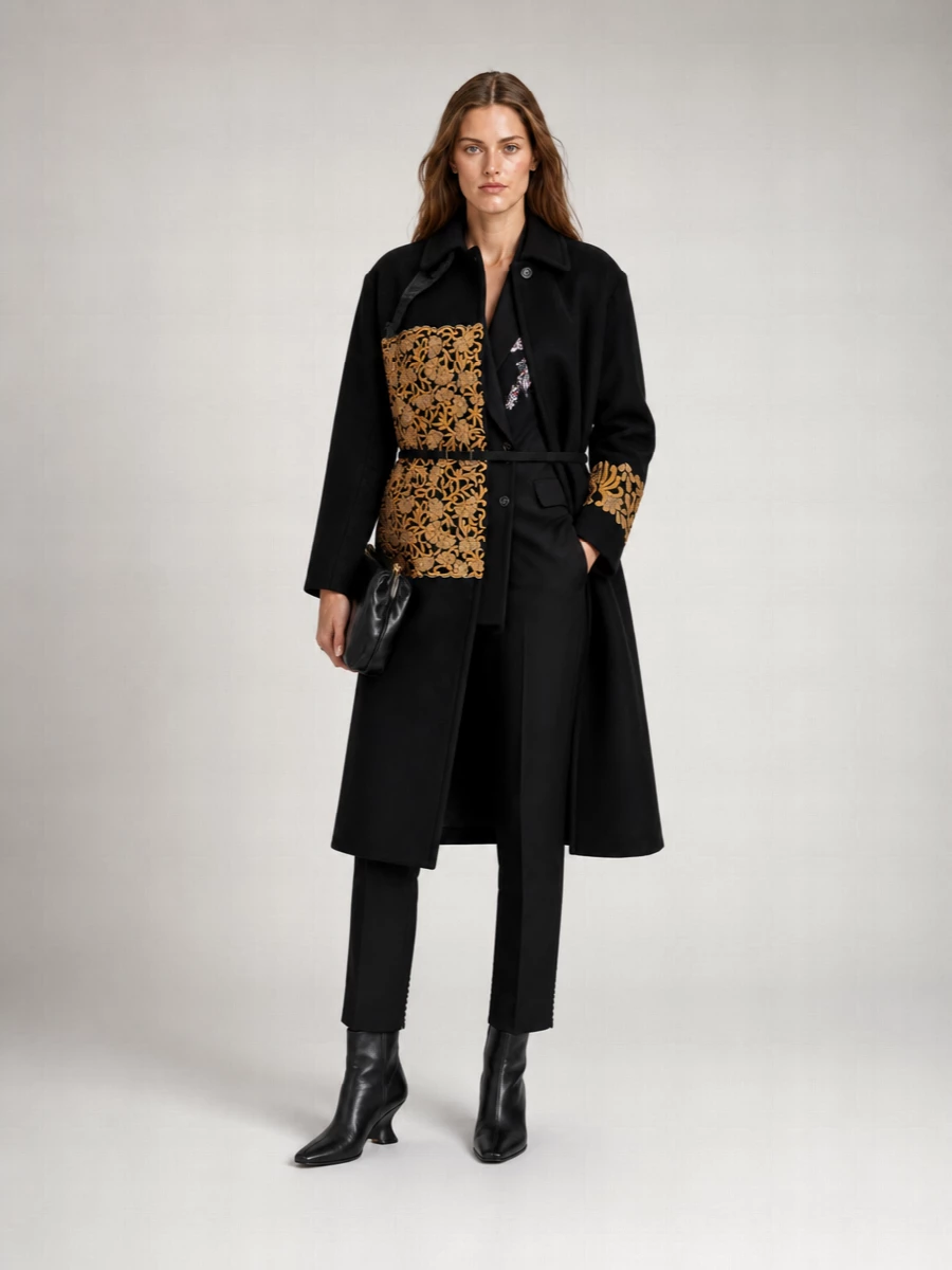 Dries Van Noten Wool Embroidered Belted Coat