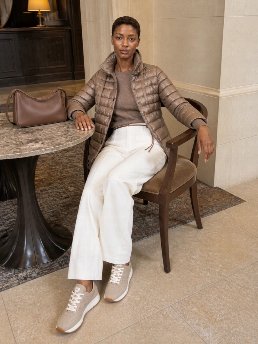 Herno taupe puffer wide leg ivory trousers