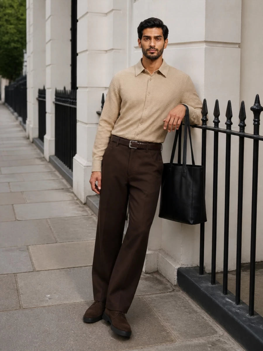 Dark chocolate wool grounds a column of warm neutrals, with the waffle-textured shirt softening the line and keeping everything deliberately low-key. The suede desert boots and leather tote introduce tactile contrast while staying firmly in the same quiet, city-ready register. The result is relaxed but precise, a wide-leg silhouette that reads thoughtful rather than casual.