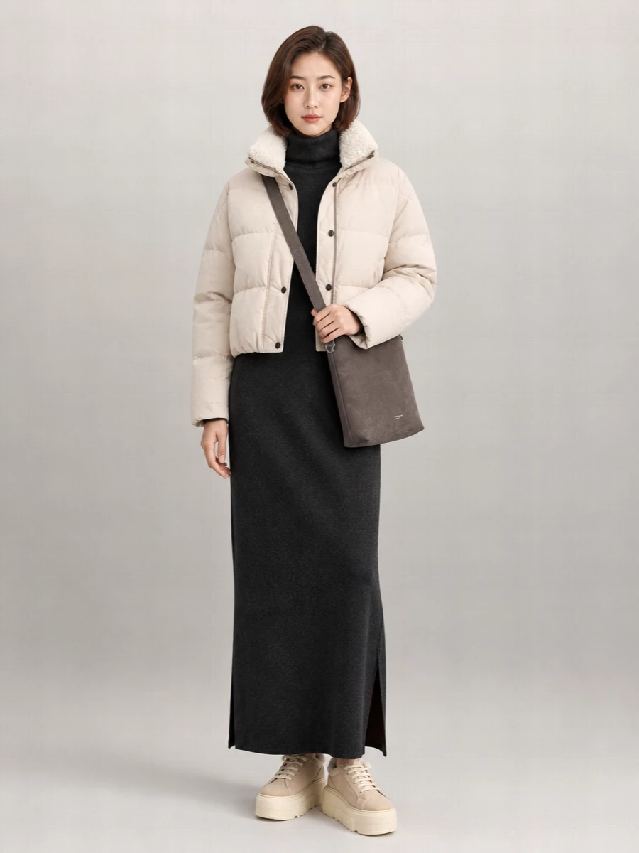 I chose the dress path so the cropped Brunello Cucinelli parka can sit cleanly over a single knit column, keeping the silhouette streamlined and quietly expensive. The Givenchy charcoal maxi dress, shearling-lined Casadei platforms and Armani suede cross-body create a cocooned winter ensemble that feels urban, neutral and deeply tactile without ever reading sporty. It is the kind of head-to-toe knit story that moves from brunch to late dinner with only a jewelry or lip change.