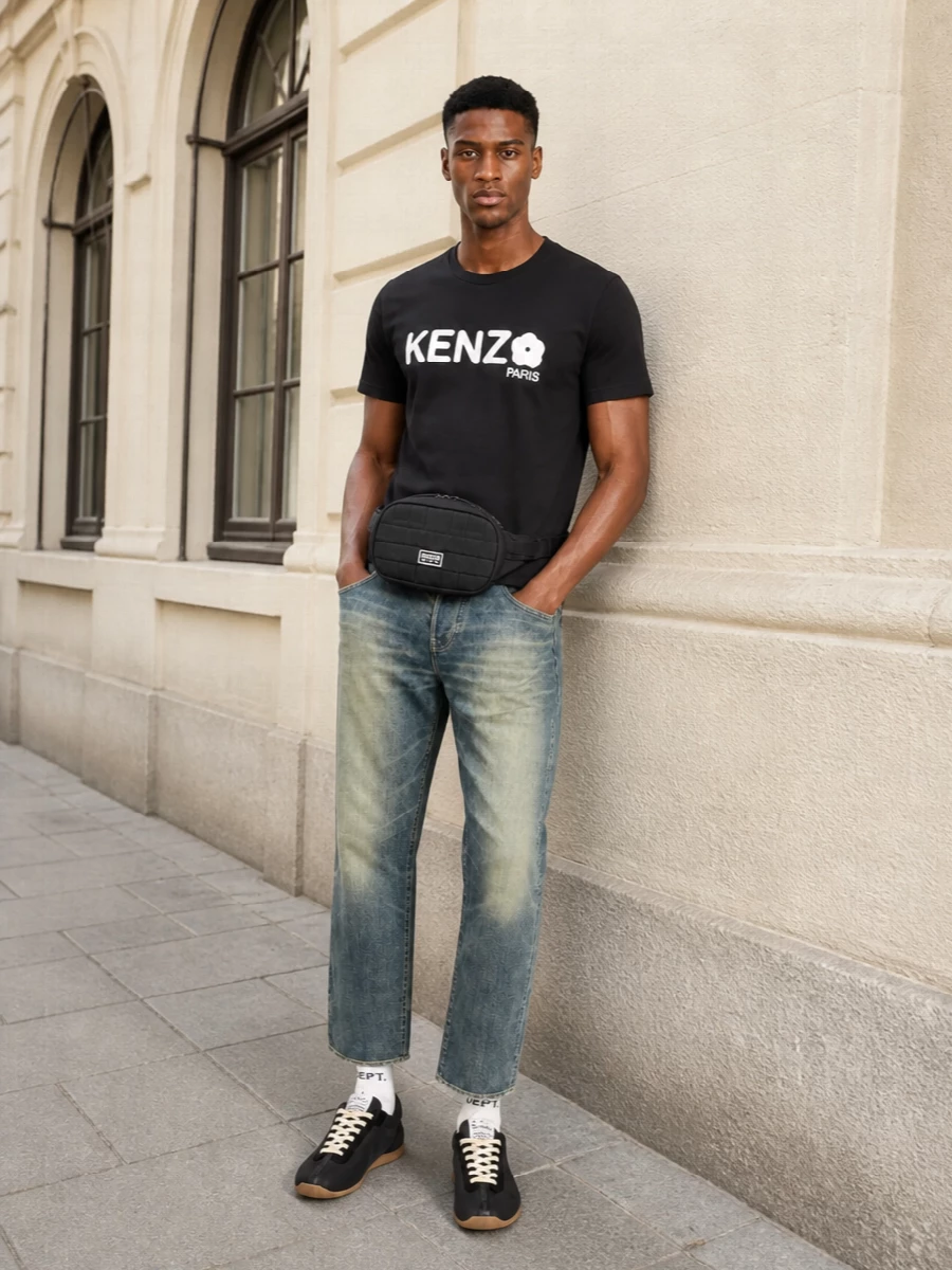 Kenzo black logo tee faded jeans outfit