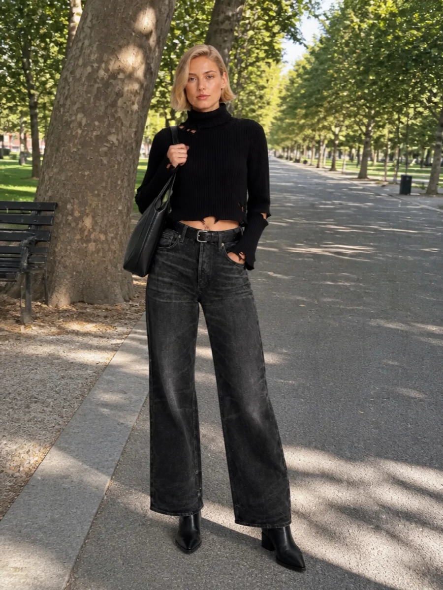 Haikure wide leg jeans black cropped sweater outfit