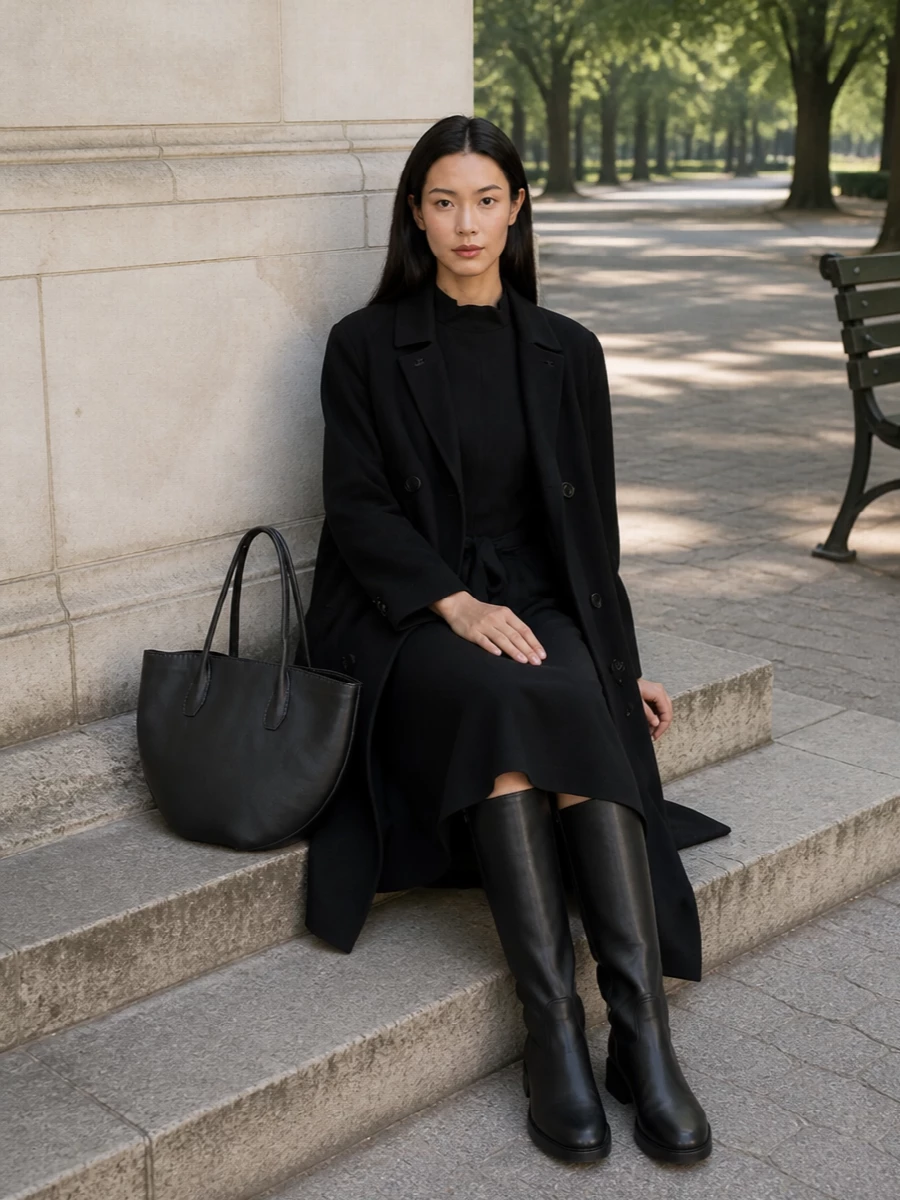 The row black coat shirt dress knee boots