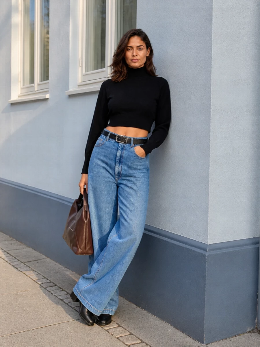 Sportmax wide leg jeans black knit ankle boots