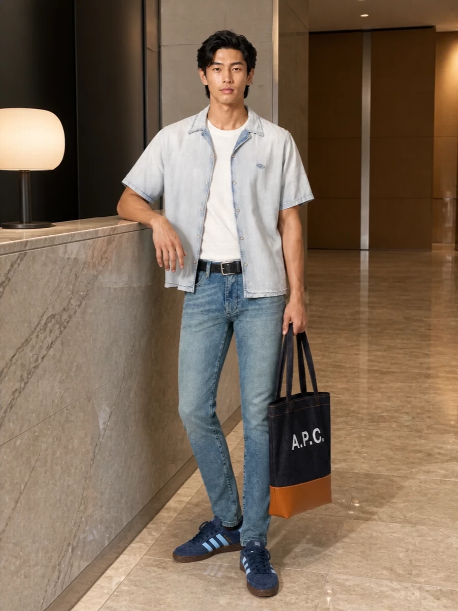 Washed Diesel denim on top and bottom creates a tight tonal story that feels relaxed rather than matchy, thanks to the short sleeves and easy handle of the shirt against the slim jeans. Navy terrace trainers keep the line sleek and low-key sporty, while the structured A.P.C. denim tote and clean black belt give just enough polish for city days. Wear the shirt open over a white tee or fully buttoned depending on how sharp you want the vibe to read.