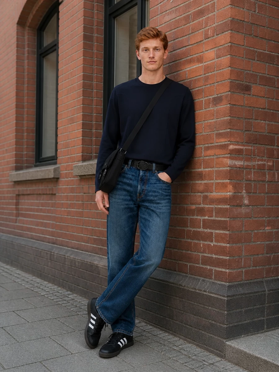 Indigo straight-leg denim sits with a deep navy crew for a tight, low-key palette that feels considered without trying. Black leather sneakers and an ink belt sharpen the casual mood, while the structured black messenger keeps everything city ready. It is an easy, street-driven uniform that moves cleanly from daytime errands to late coffee runs.