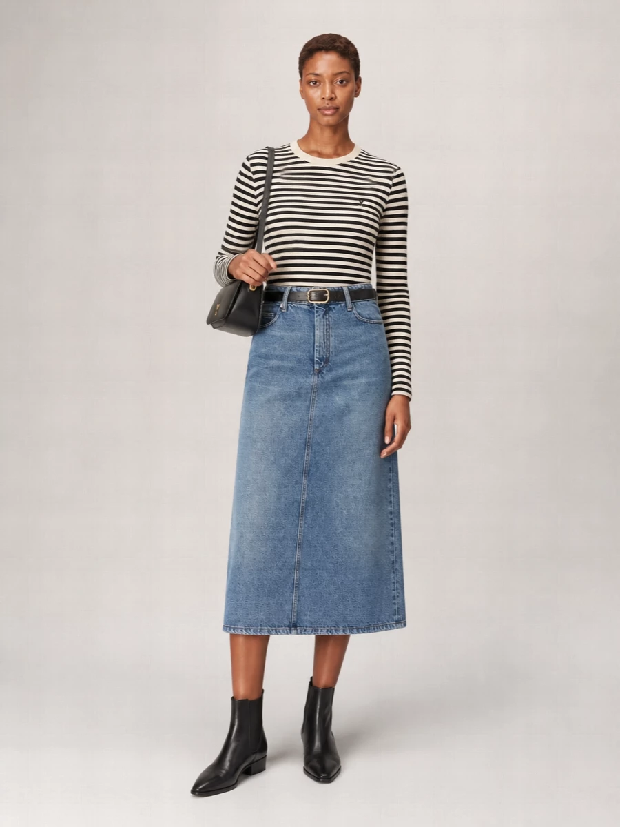 Ami Paris Denim A-Line Midi Skirt