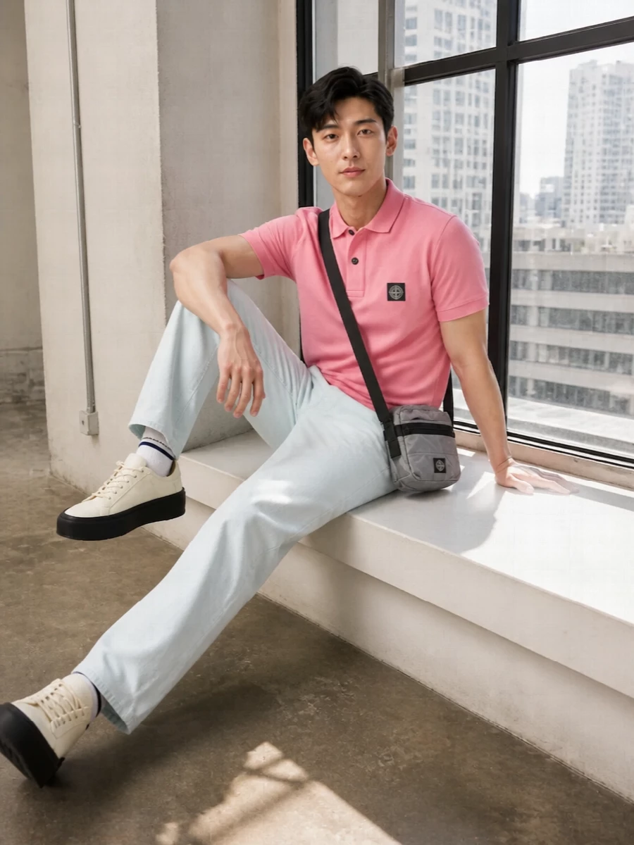 Soft pink and icy blue keep this Stone Island combo light and optimistic, with straight-leg denim and a classic polo holding the line clean and familiar. Neutral technical sneakers and a compact crossbody stay firmly in the terrace-sport world while keeping the palette calm and wearable for real city days.