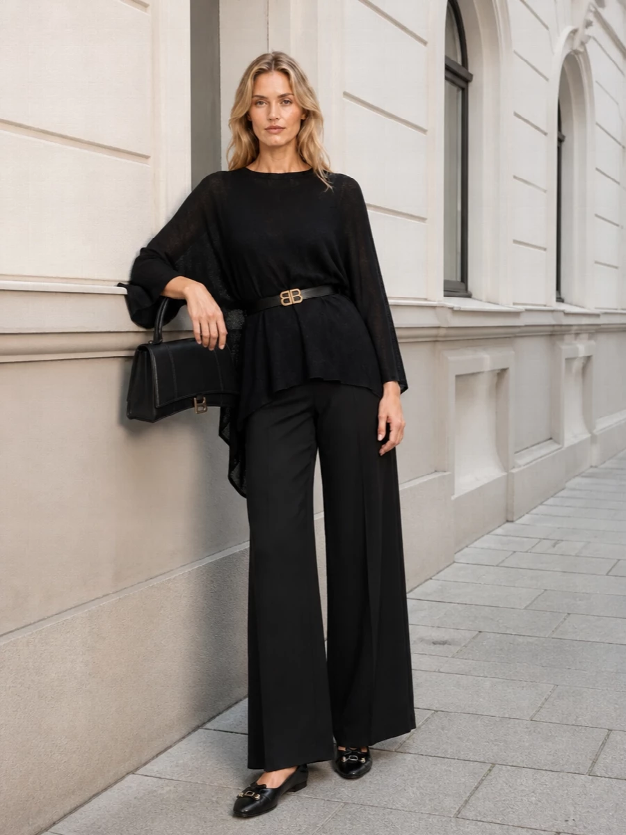 Balenciaga black knit wide leg trouser outfit