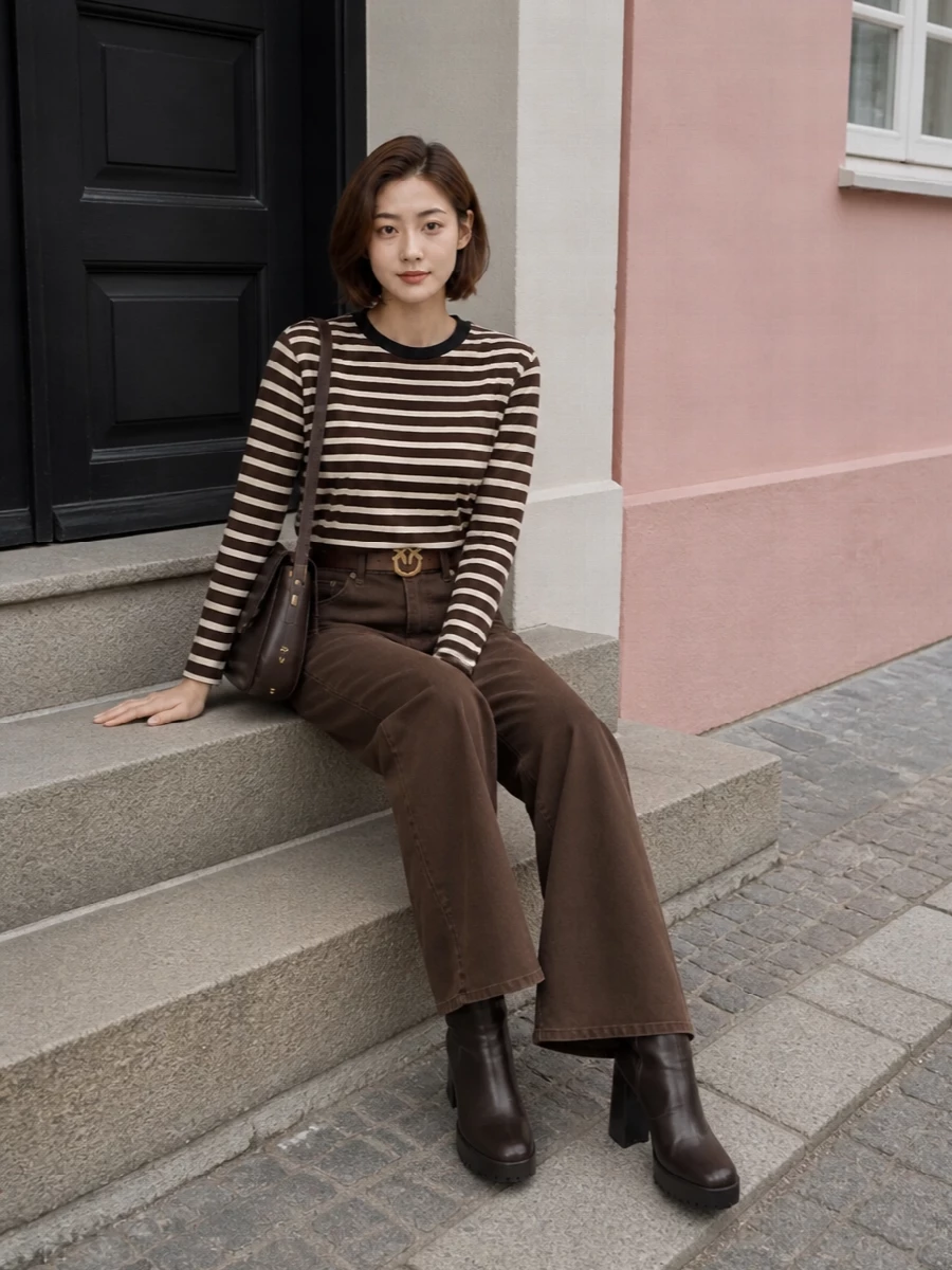 Pinko striped top brown wide leg jeans outfit