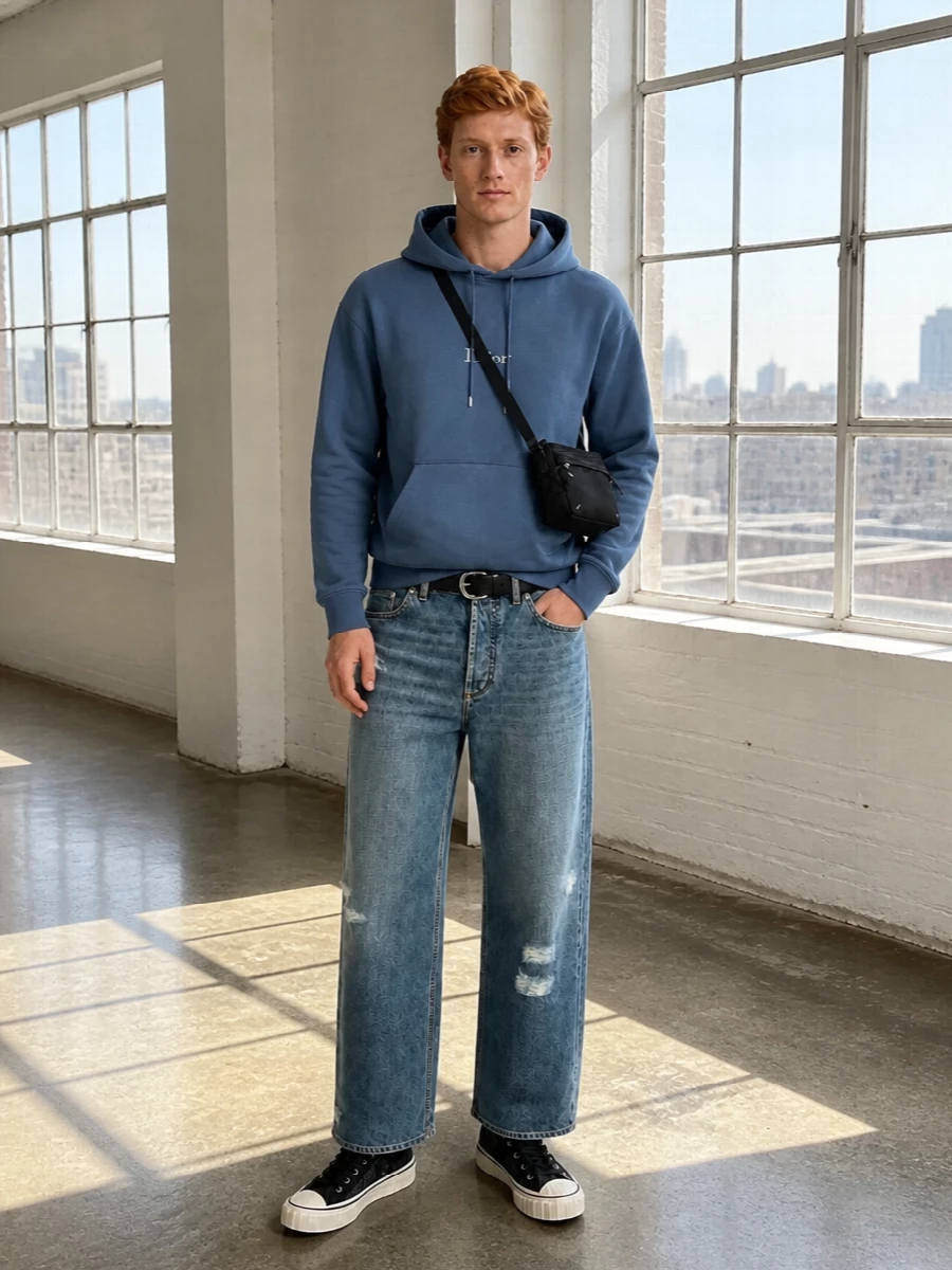 Dior wide leg jeans blue hoodie outfit