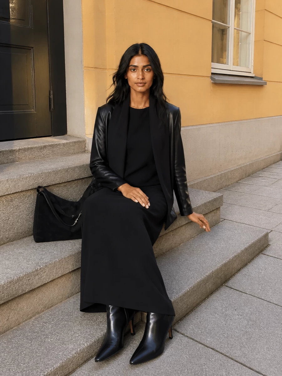 Toteme leather coat black column dress outfit