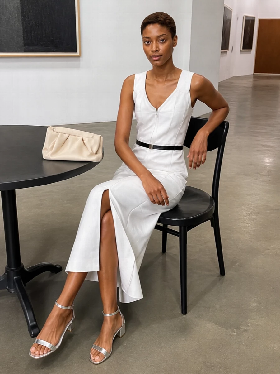 A soft-white satin column paired with silver sandals and a creamy clutch creates a clean, luminous cocktail ensemble that feels precise yet relaxed. The pale, tonal palette keeps the impact subtle, while a slender black belt is there if you want a little extra definition without disturbing the line.