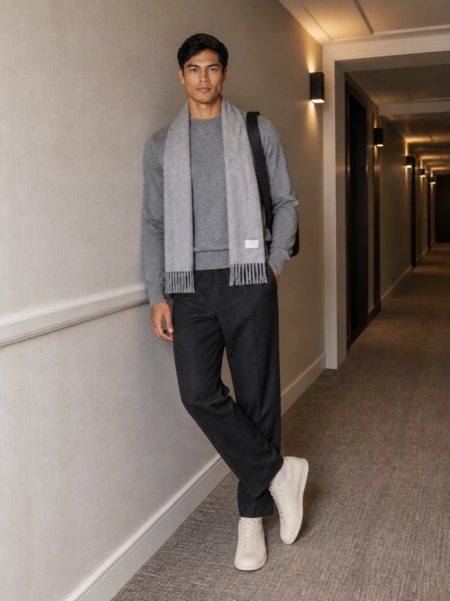 Eleventy grey sweater charcoal trousers sneakers
