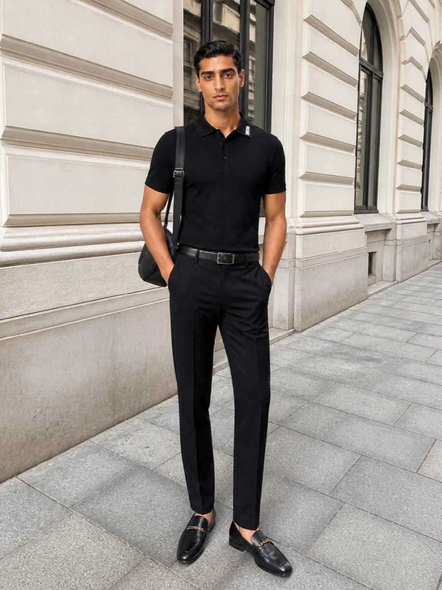 Head-to-toe black keeps this Versace polo sharply focused, framed by straight-leg tailored trousers that give a clean, architectural line. Sleek chain-detailed loafers and a minimal Prada shoulder bag quietly reinforce the city-ready, polished mood. A slim black belt finishes the waist with just enough definition while keeping the monochrome silhouette uninterrupted.
