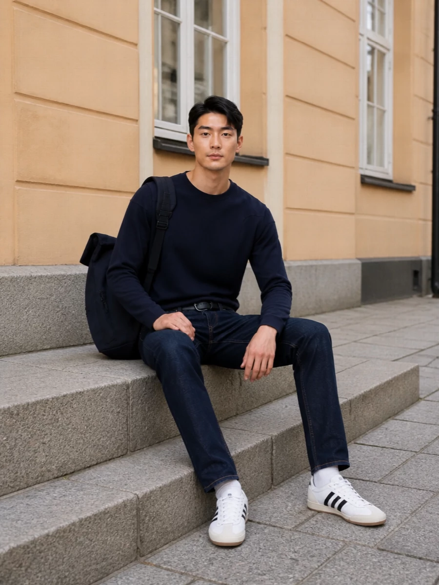 Diesel navy sweatshirt dark jeans adidas sneakers