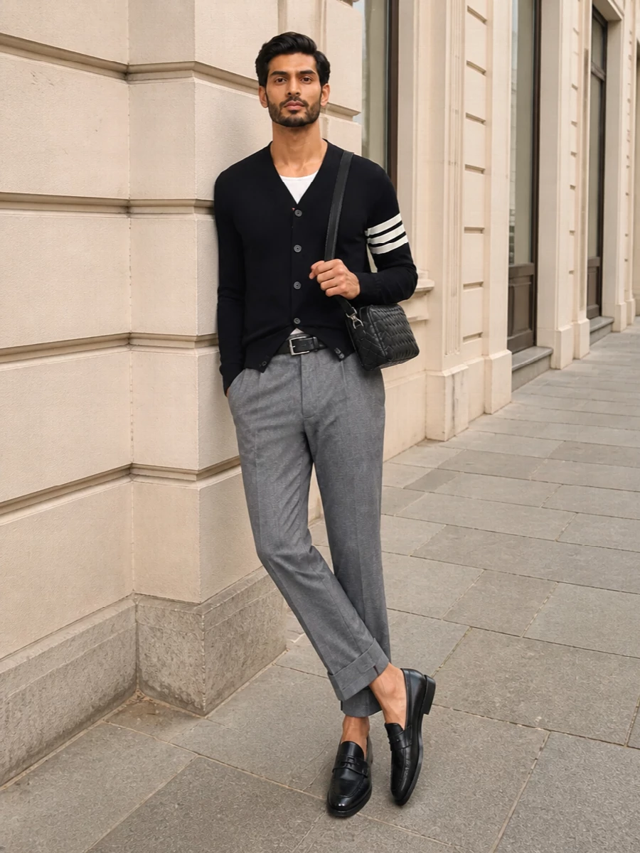 Thom browne cardigan cropped trousers outfit