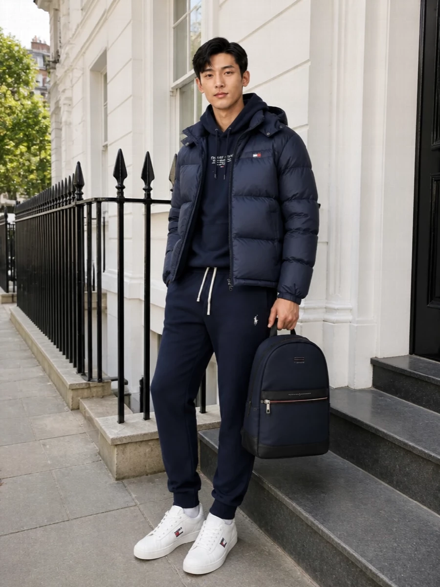 Tommy hilfiger navy puffer hoodie sneakers outfit