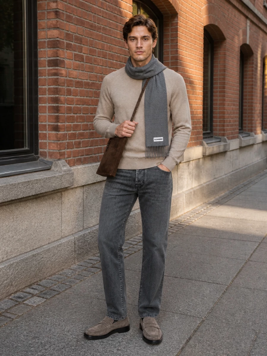 Jacob cohen grey jeans beige sweater loafers