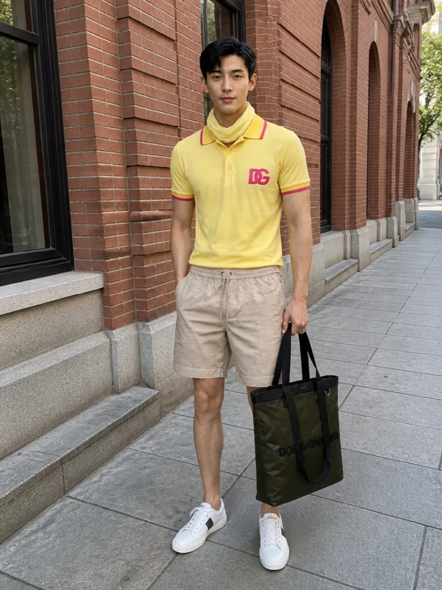 Dolce gabbana yellow polo sand shorts outfit