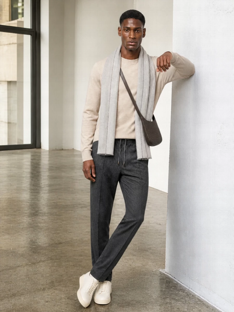 Brunello cucinelli oatmeal sweater charcoal trousers