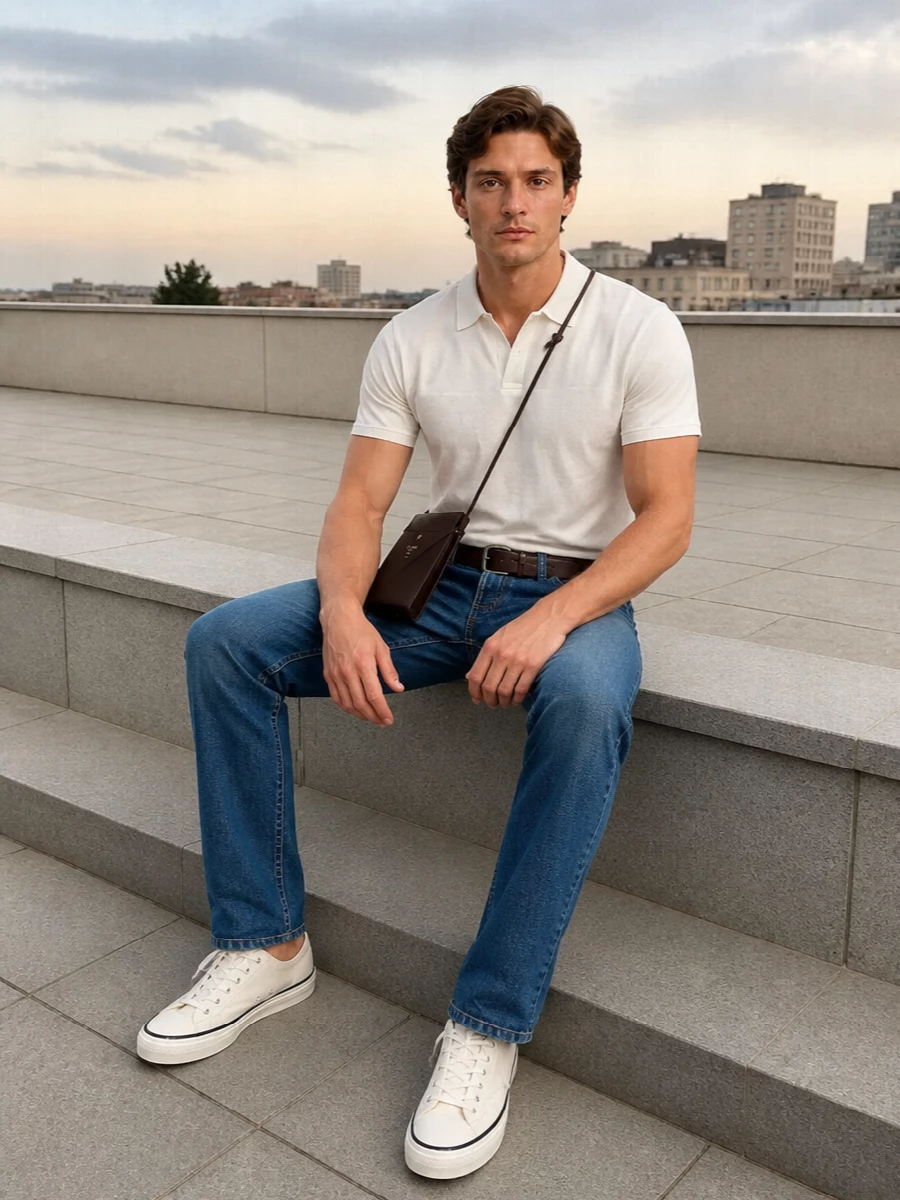 Mid-blue straight denim with a crisp white V-placket top creates a clean, grown-up take on casual that still feels relaxed. Off-white canvas sneakers keep the palette light, while a chocolate leather crossbody and matching belt introduce just enough contrast and polish for city days that run into the evening. The result is an easy, tailored-feeling uniform that sits comfortably between weekend and casual Friday.