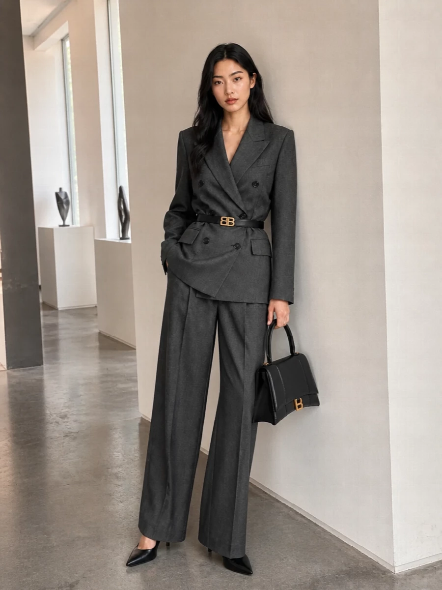 Balenciaga charcoal suit black heels top handle