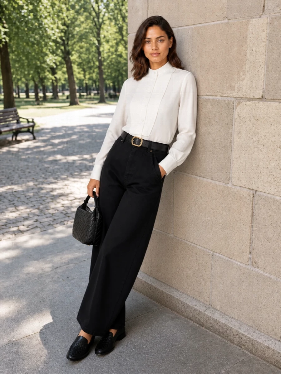 Bottega veneta black wide leg trousers ivory shirt