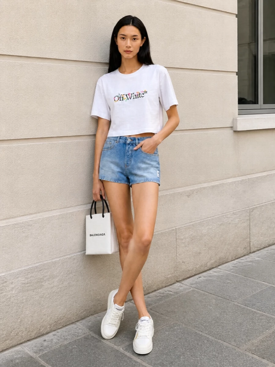 This look leans into clean Off-White streetwear: a cropped floral-logo tee paired with light-wash structured denim shorts for a leggy, SS-ready silhouette. Off-white low-top sneakers keep everything easy and coordinated, while the sharp Balenciaga mini tote injects a graphic, luxe note without disturbing the minimal palette. It’s a concise, everyday city uniform that still reads distinctly designer.