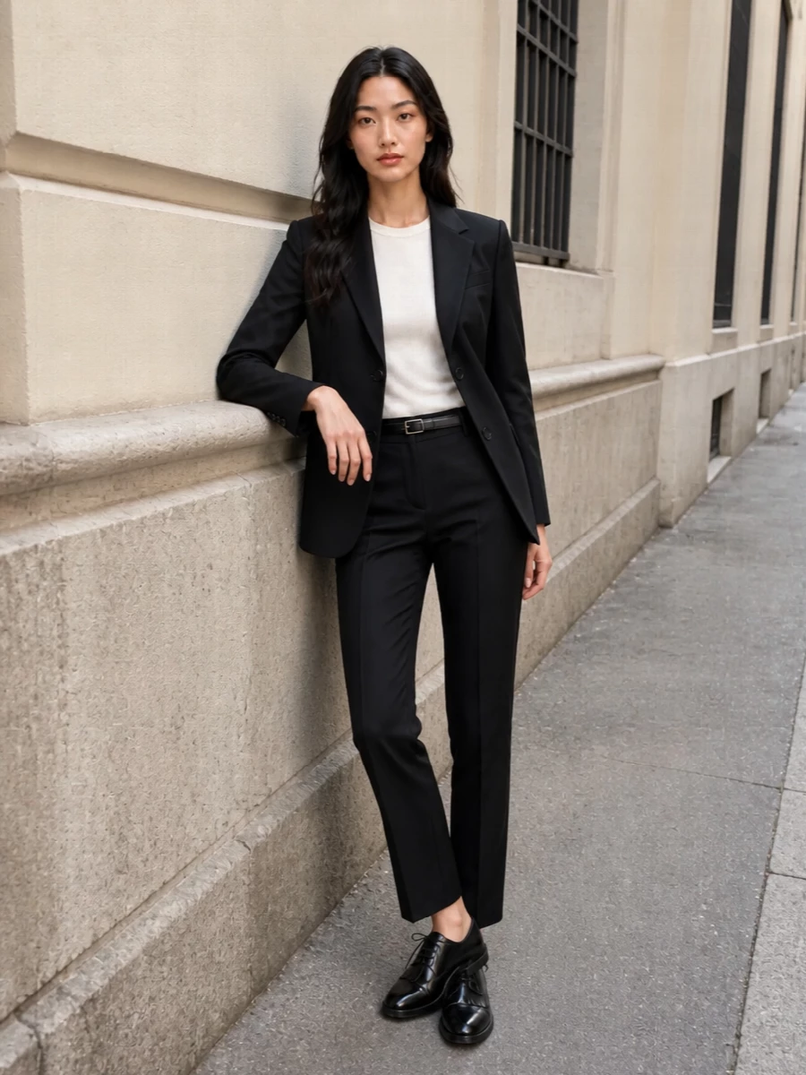 A precise all-black column of Max Mara tailoring sets a composed, quietly powerful mood. The single-breasted blazer and pressed trousers read like a modern suit, grounded by menswear-inflected derbies and a sculpted top-handle bag. A slender black belt defines the waist just enough to keep the silhouette sharp without feeling rigid.