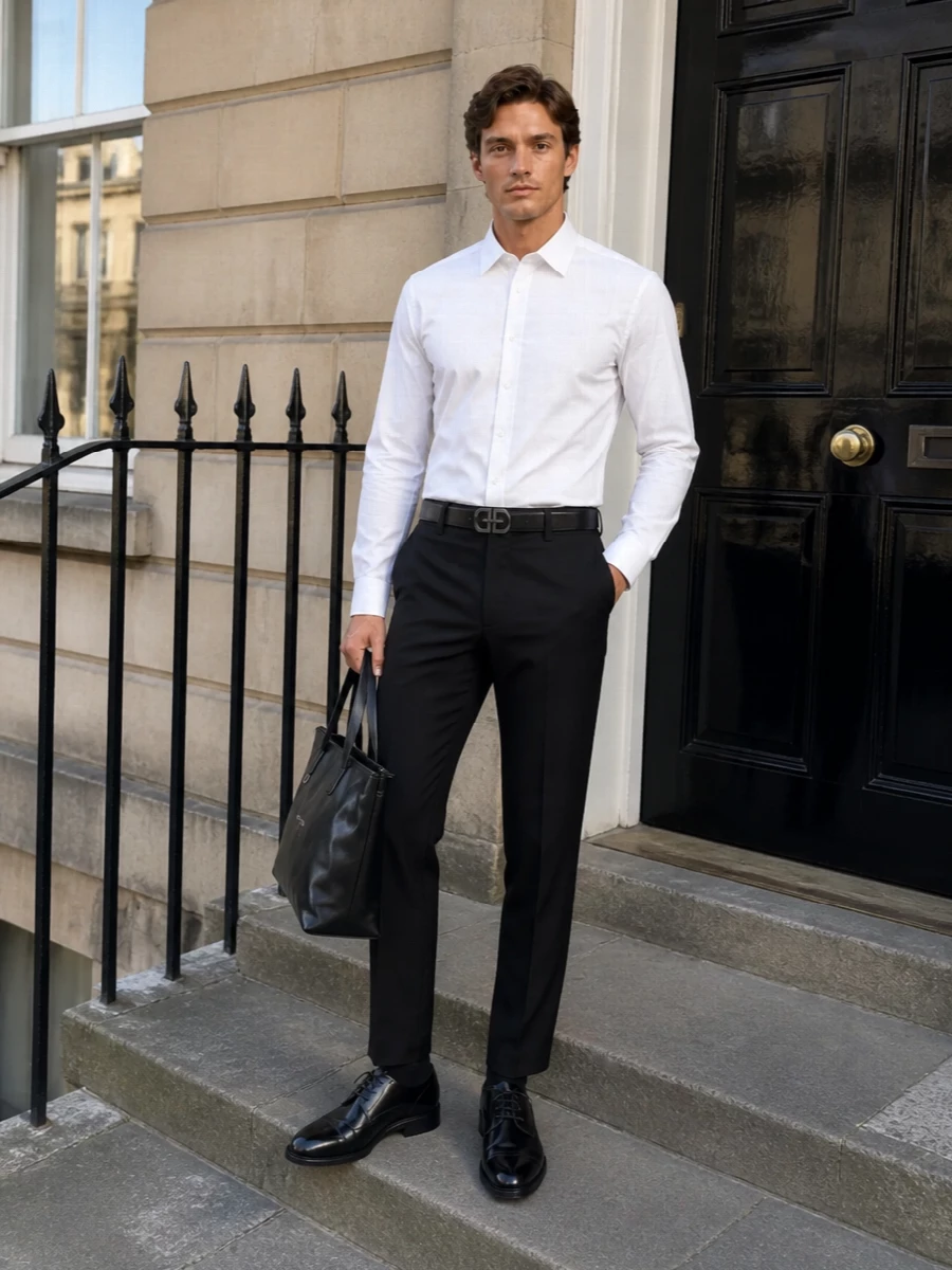 Dolce&Gabbana’s cropped black trousers meet a crisp white shirt for a monochrome pairing that feels precise and quietly confident. Polished black derbies and a structured leather tote keep the line city-focused and boardroom-ready, with a clean silver-buckled belt as the only visible hardware. The result is sharp, modern tailoring that moves easily from daytime meetings to dinner without changing a piece.