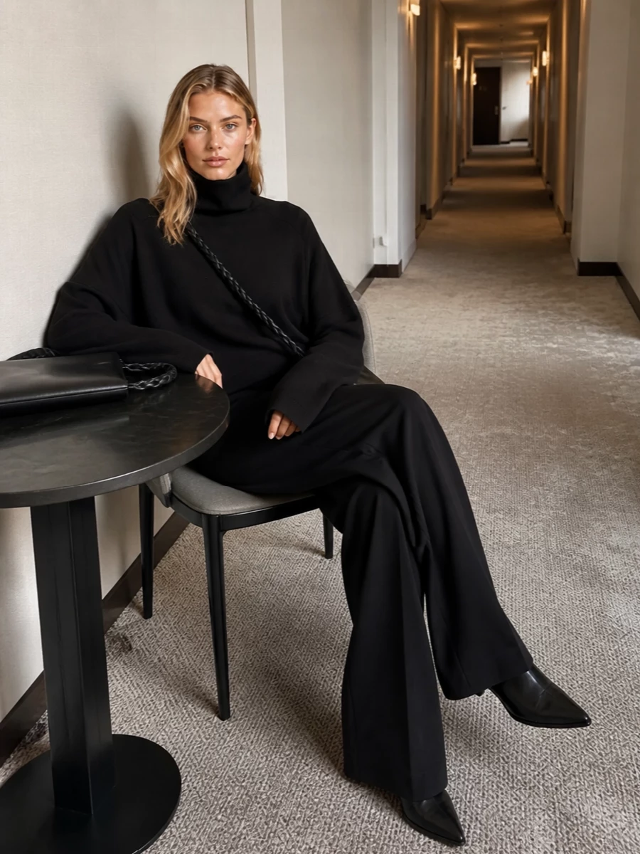 Rick owens black turtleneck wide leg trousers