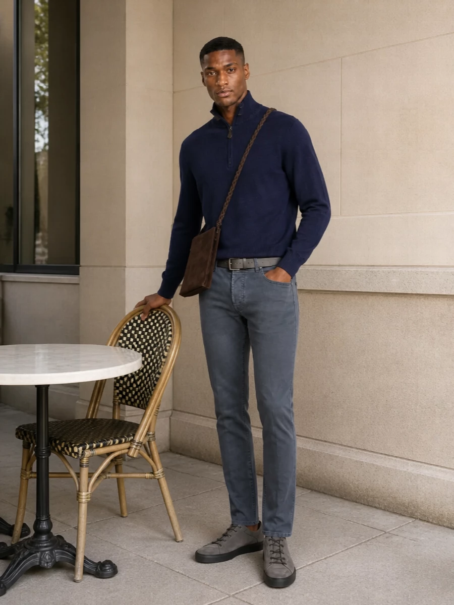Jacob cohen grey jeans navy half zip tods sneakers