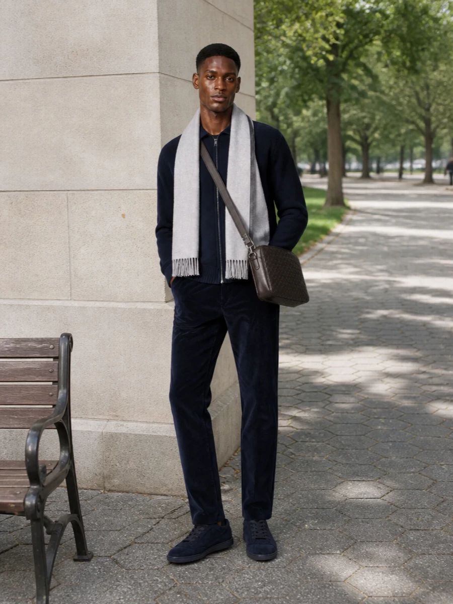 Lardini navy zip cardigan cucinelli trouser outfit