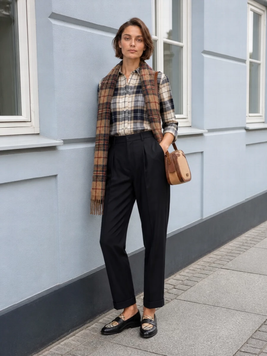 Barbour plaid shirt navy trousers loafers