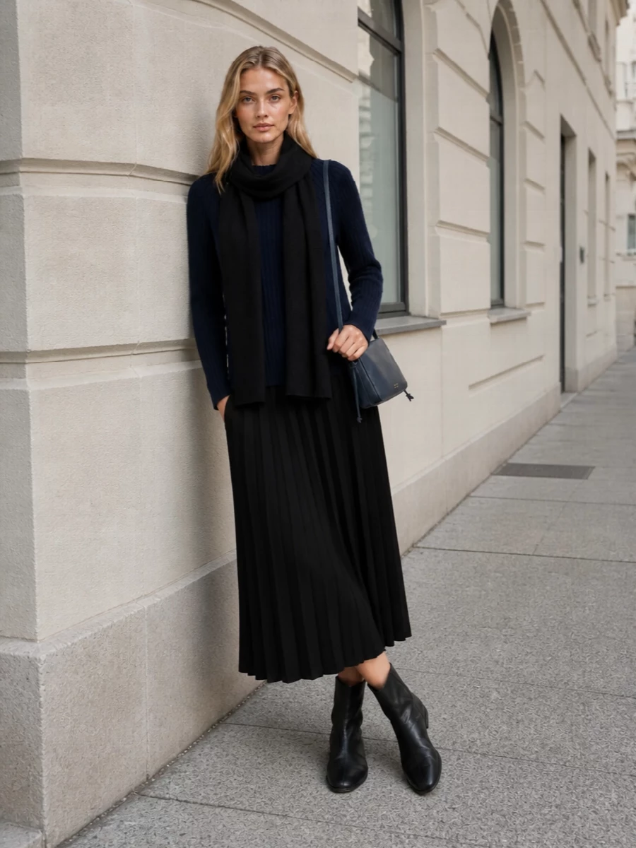 Lisa yang navy sweater black pleated midi skirt