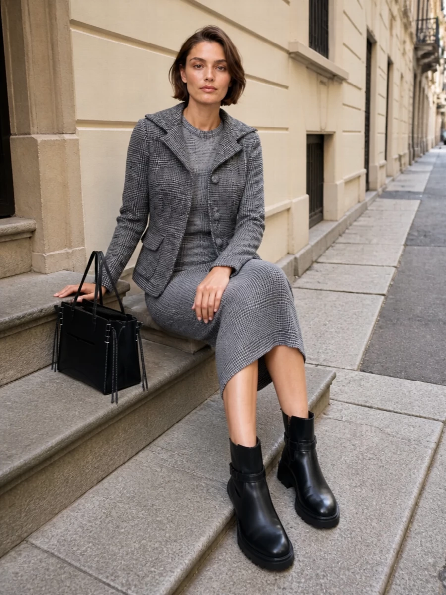 I’m treating the Junya check coat as the hero and streamlining everything underneath with the Gaultier trompe-l’oeil checked midi, so the play of grids and sculpture feels deliberate rather than busy. Chunky-soled Jimmy Choo ankle boots ground the proportions and keep the mood sharp rather than girlish, while the structured black JW Anderson tote delivers a clean, office-to-dinner finish. The result is a precise, almost architectural check story that feels modern, intelligent and firmly autumn-winter city focused.
