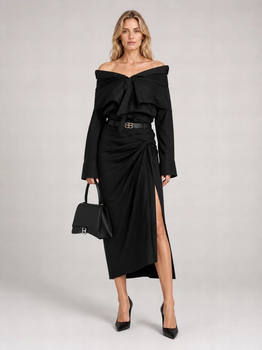 Balenciaga Cupro Draped Midi Pencil Skirt