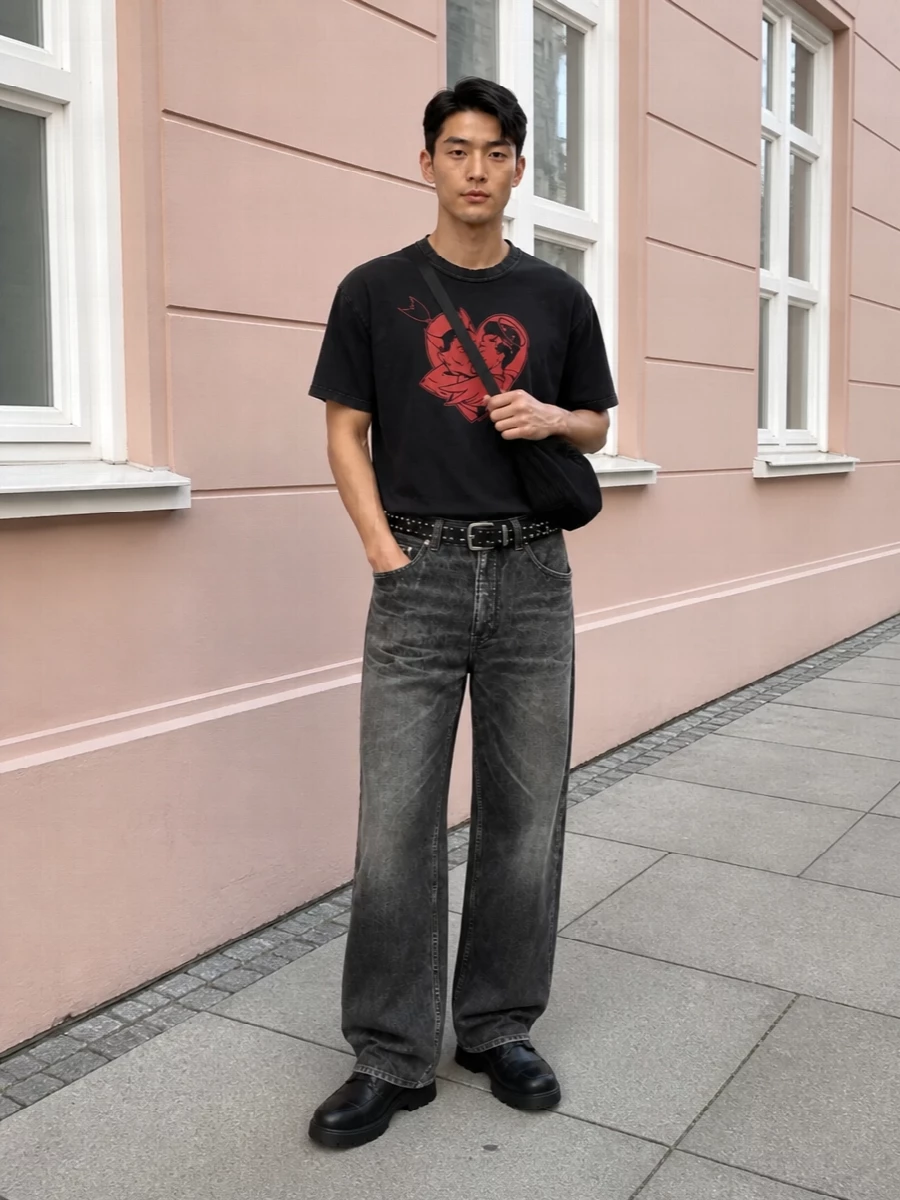 Our legacy graphic tee relaxed charcoal jeans outfit