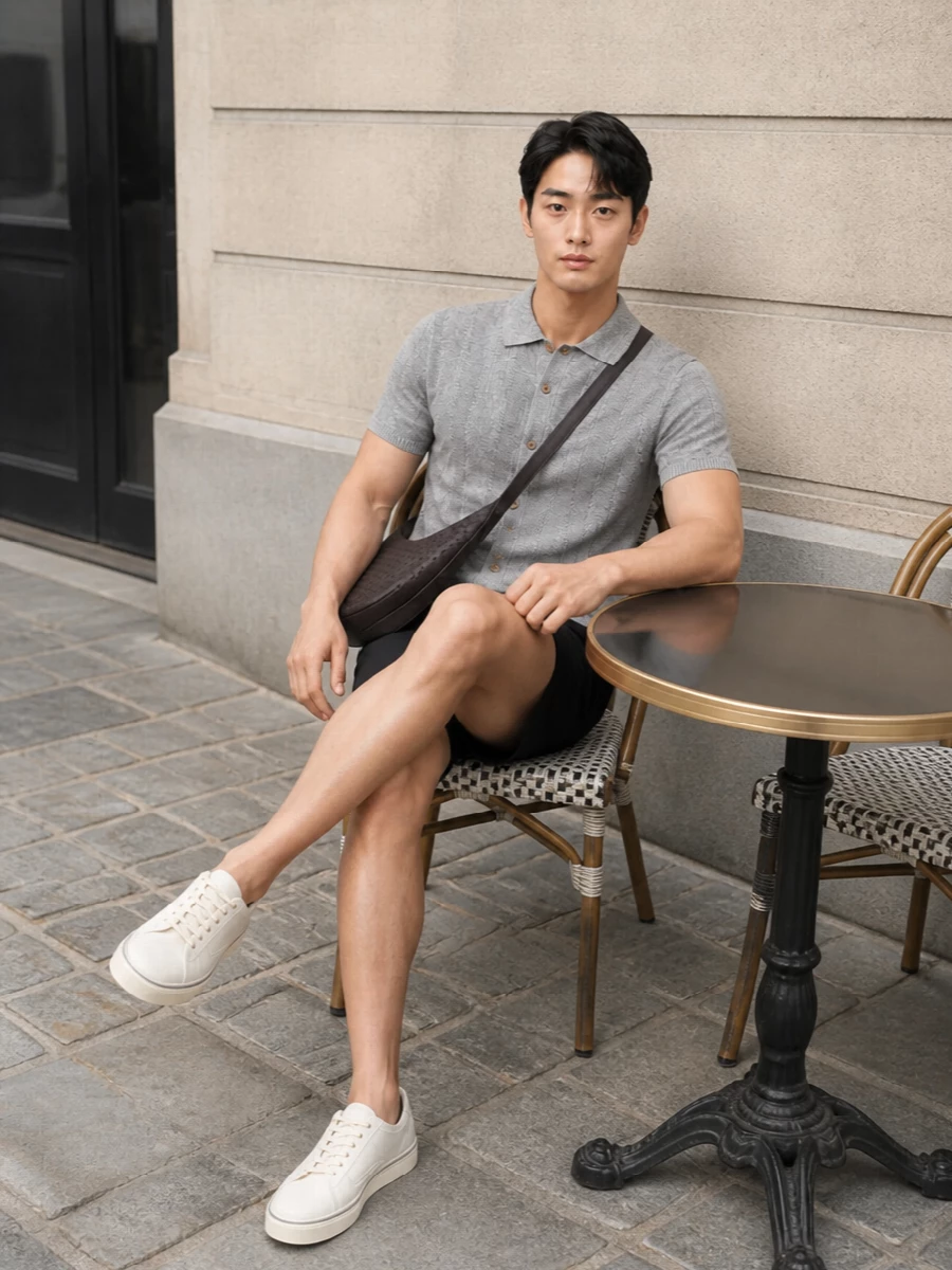 This look revolves around the black Brunello Cucinelli deck shorts paired with the soft heather-grey knit polo for a quietly luxurious, sports-influenced SS uniform. Off-white low-top sneakers introduce a clean, modern contrast that keeps the outfit light and refined, while the espresso intrecciato crossbody adds discreet texture and sophistication without disturbing the minimalist palette. It’s an elevated off-duty combination that moves effortlessly from city coffee runs to relaxed terrace dinners.
