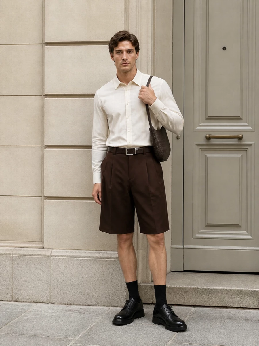 Balenciaga brown tailored shorts ivory shirt outfit