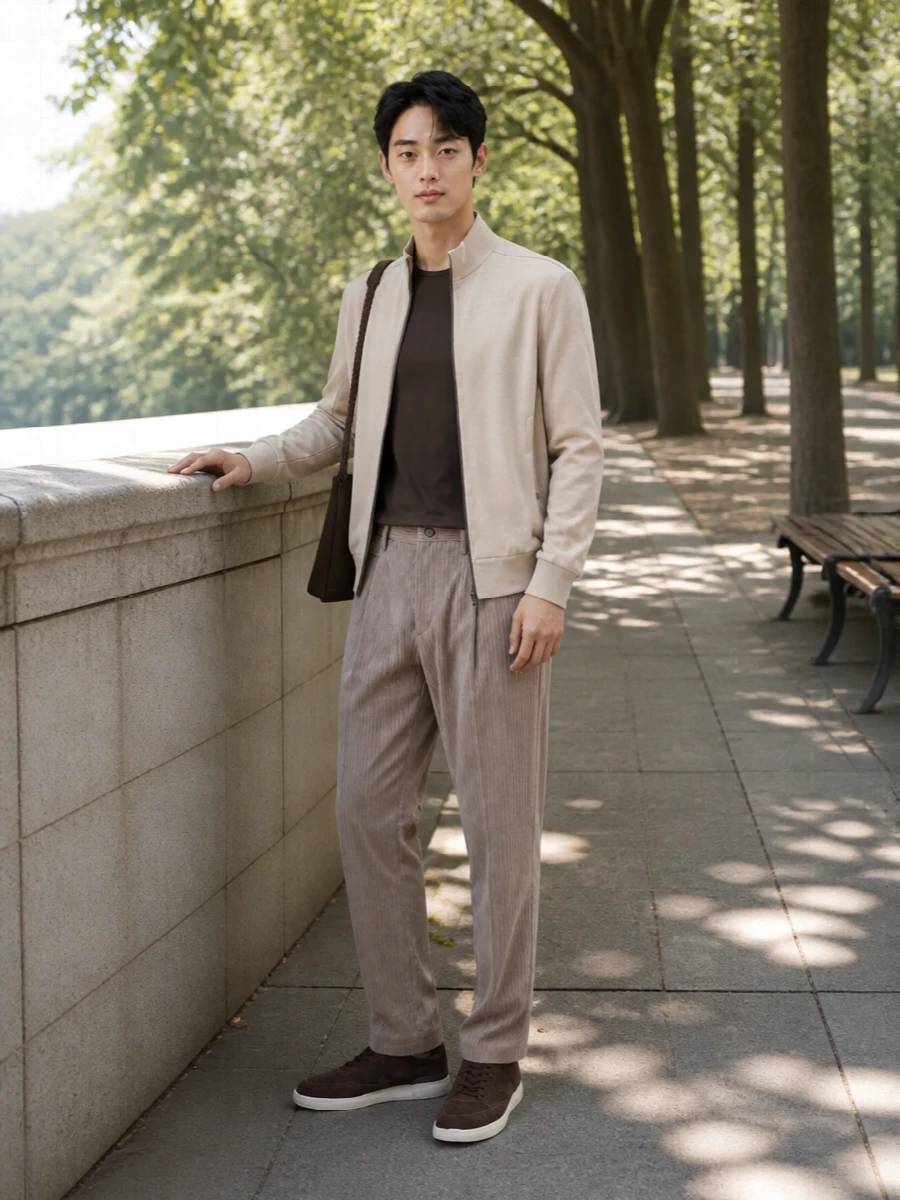 Herno mens beige jacket taupe trousers outfit