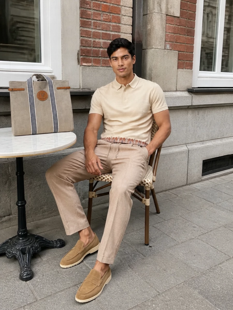 Etro polo beige trousers suede loafers outfit